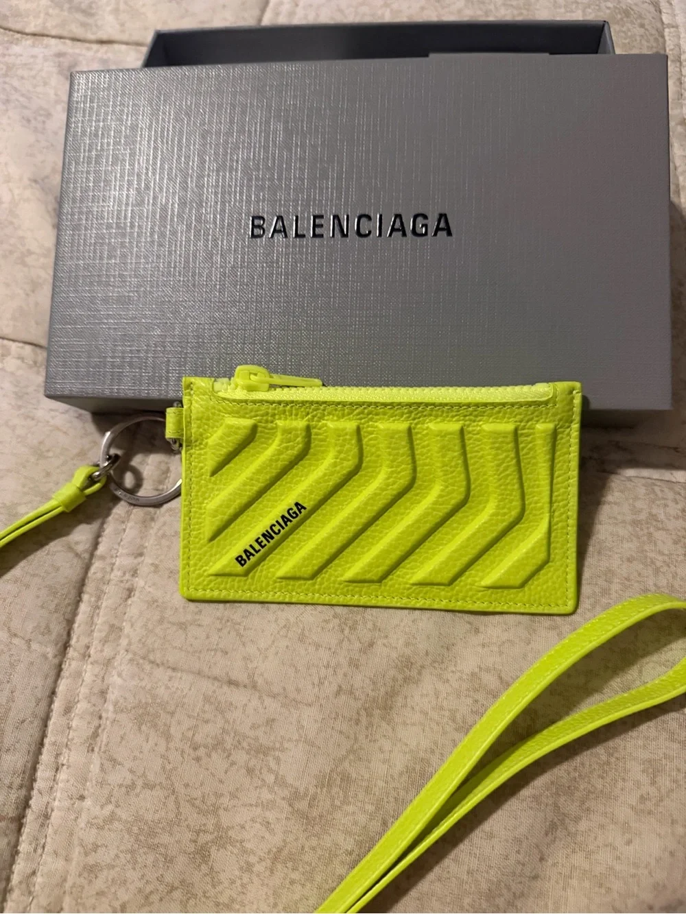 Balenciaga Neon Yellow Card Holder with Lanyard
